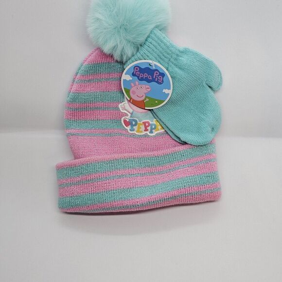 Peppa Pig Beanie Hat and Mittens Set - Pink & Teal Stripes with Pom Pom Toddler - Picture 9 of 10
